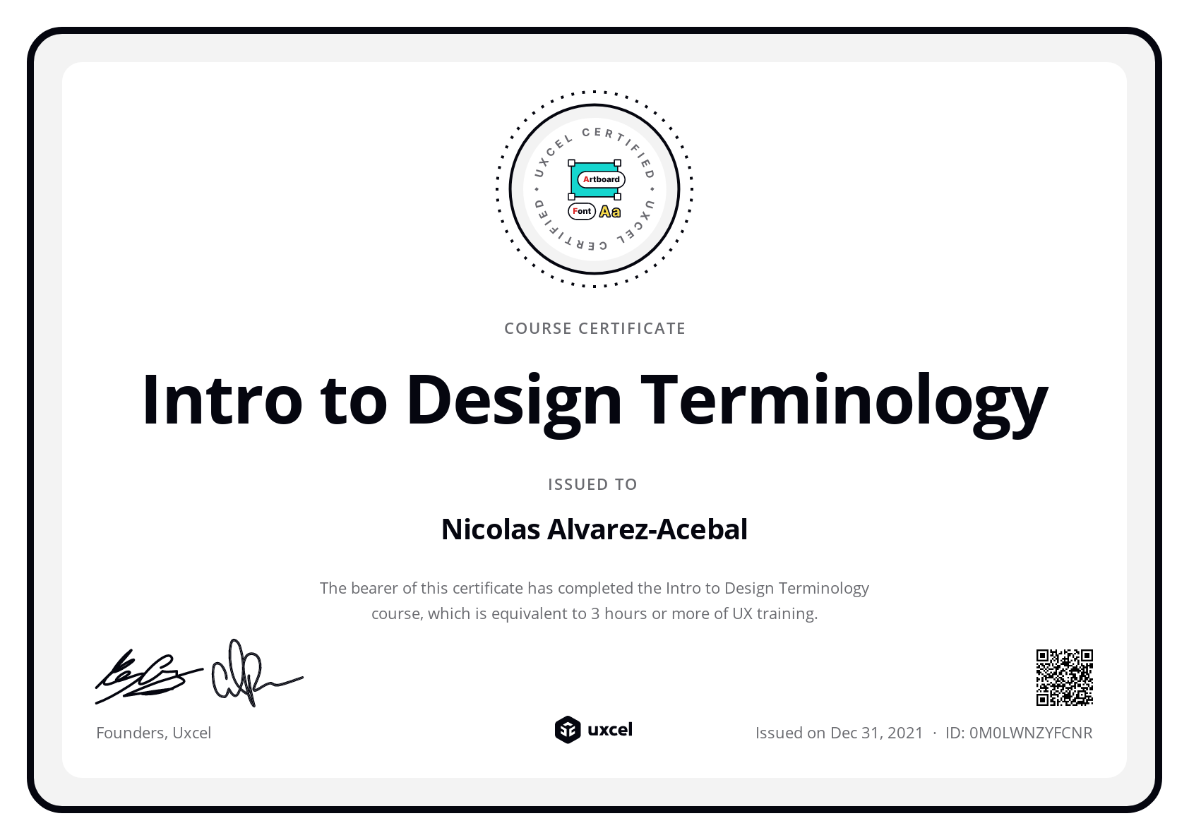 Nicolas Alvarez-Acebal's certificate